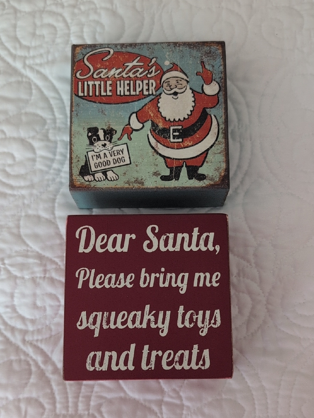 Santa's Little Helper Decorative Holiday Blocks - Red & Light Blue